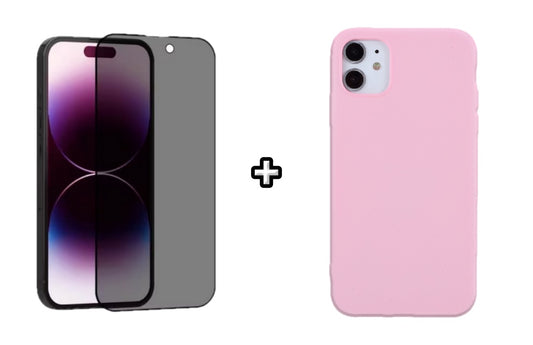 Set Husa Silicon + Folie din sticla Privacy compatibila cu Apple iPhone 12 Mini, roz pudra, protectie 360