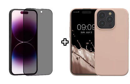 Set Husa Silicon + Folie din sticla Privacy compatibila cu Apple iPhone 15 Pro, roz pudra, protectie 360