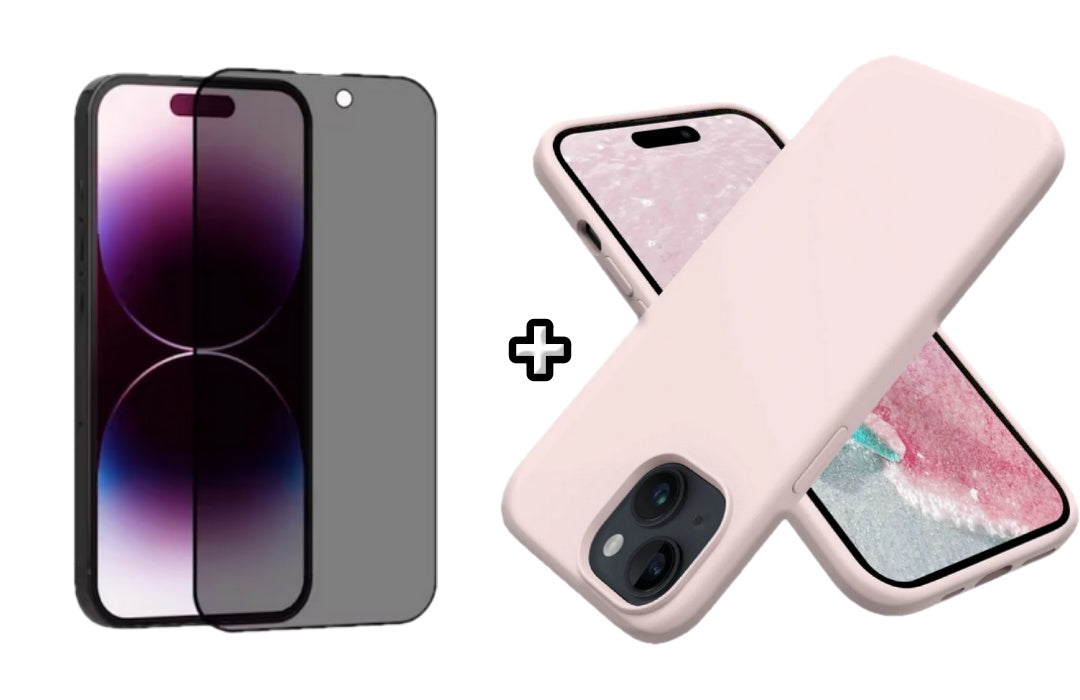 Set Husa Silicon + Folie din sticla Privacy compatibila cu Apple iPhone 15 Plus, roz pudra, protectie 360