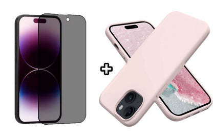 Set Husa Silicon + Folie din sticla Privacy compatibila cu Apple iPhone 14 Plus, roz pudra, protectie 360