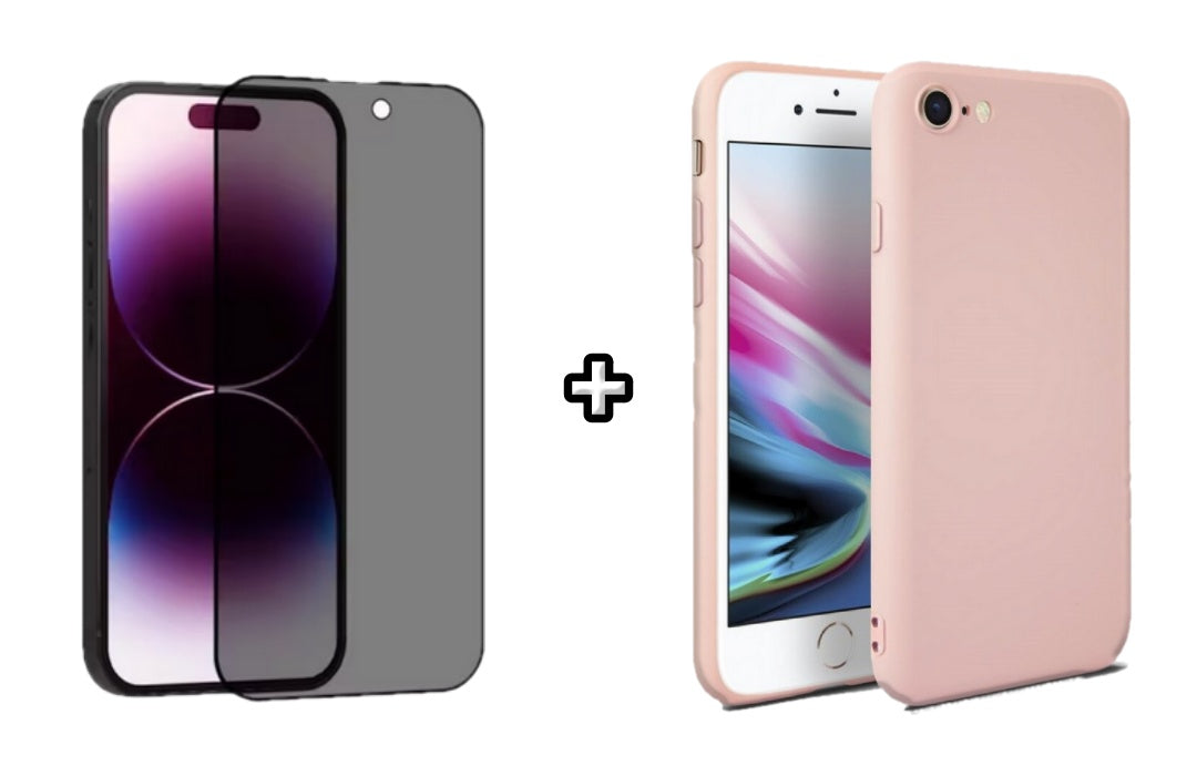 Set Husa Silicon + Folie din sticla Privacy compatibila cu Apple iPhone 7 Plus, roz pudra, protectie 360