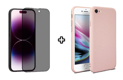 Set Husa Silicon + Folie din sticla Privacy compatibila cu Apple iPhone 7, roz pudra, protectie 360