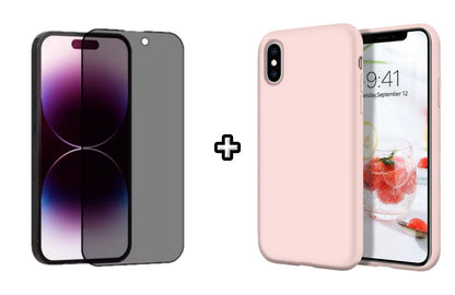 Set Husa Silicon + Folie din sticla Privacy compatibila cu Apple iPhone XS Max, roz pudra, protectie 360