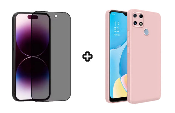 Set Husa Silicon plus Folie din sticla Privacy compatibila cu OPPO A15, roz pudra, protectie 360