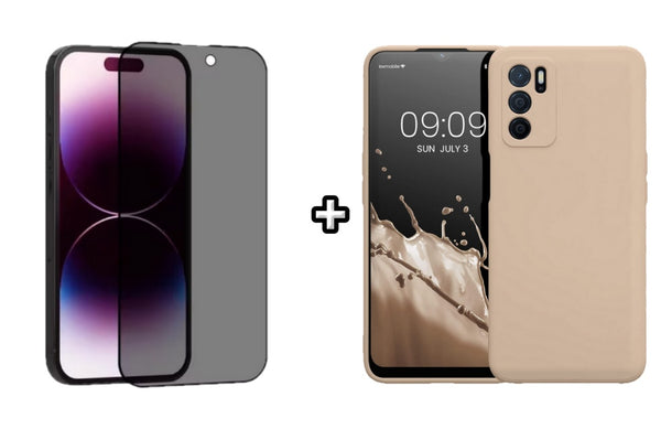 Set Husa Silicon plus Folie din sticla Privacy compatibila cu OPPO A16, roz pudra, protectie 360