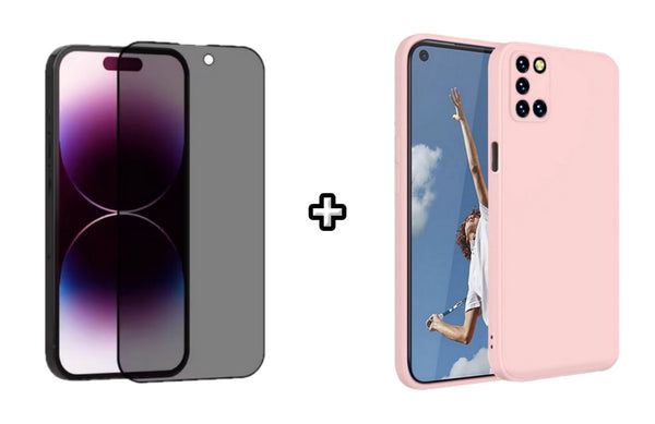 Set Husa Silicon plus Folie din sticla Privacy compatibila cu OPPO A92, roz pudra, protectie 360