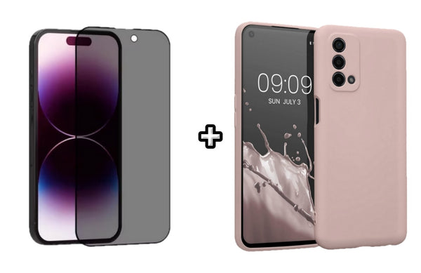 Set Husa Silicon plus Folie din sticla Privacy compatibila cu OPPO A74 4G, roz pudra, protectie 360