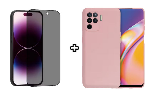 Set Husa Silicon plus Folie din sticla Privacy compatibila cu OPPO Reno5 Lite, roz pudra, protectie 360