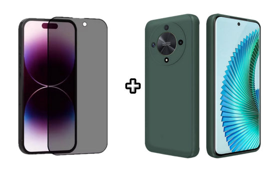 Set Husa Silicon plus Folie din sticla Privacy compatibila cu Honor Magic6 Lite, verde inchis, protectie 360