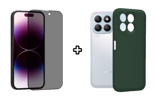 Set Husa Silicon plus Folie din sticla Privacy compatibila cu Honor X6a, verde inchis, protectie 360