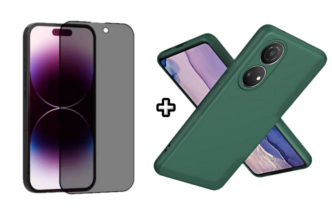 Set Husa Silicon plus Folie din sticla Privacy compatibila cu Honor X7b, verde inchis, protectie 360