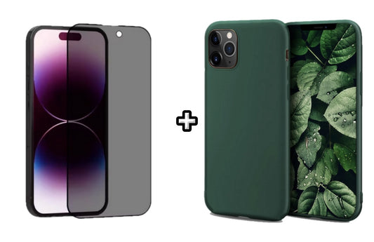 Set Husa Silicon + Folie din sticla Privacy compatibila cu Apple iPhone 12 Pro, verde inchis, protectie 360