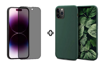 Set Husa Silicon + Folie din sticla Privacy compatibila cu Apple iPhone 11 Pro, verde inchis, protectie 360