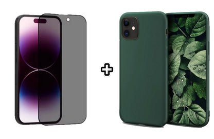 Set Husa Silicon + Folie din sticla Privacy compatibila cu Apple iPhone 11, verde inchis, protectie 360