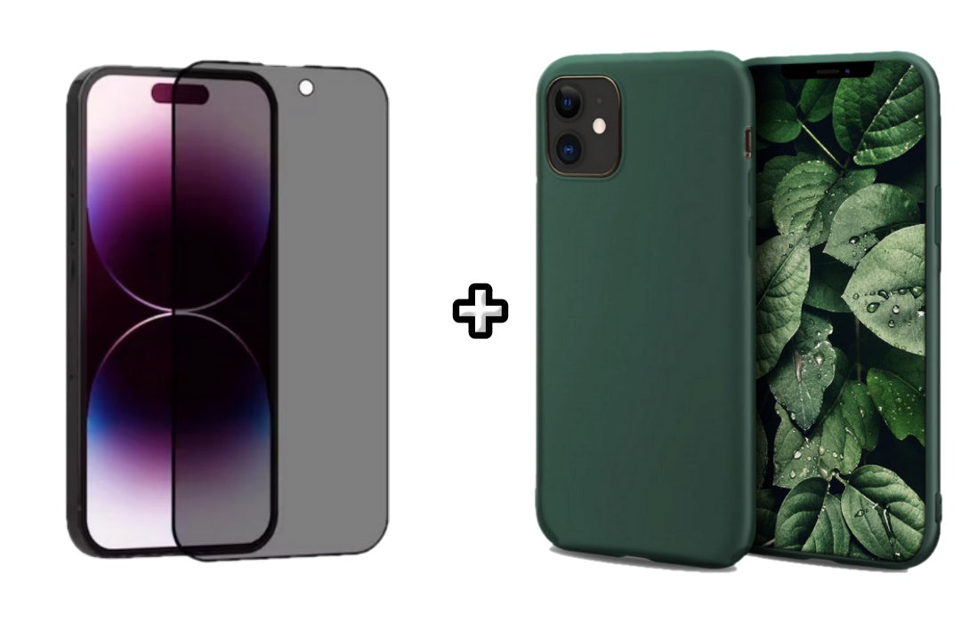 Set Husa Silicon + Folie din sticla Privacy compatibila cu Apple iPhone 12, verde inchis, protectie 360