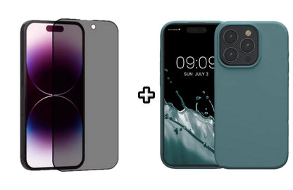 Set Husa Silicon + Folie din sticla Privacy compatibila cu Apple iPhone 15 Pro, verde inchis, protectie 360