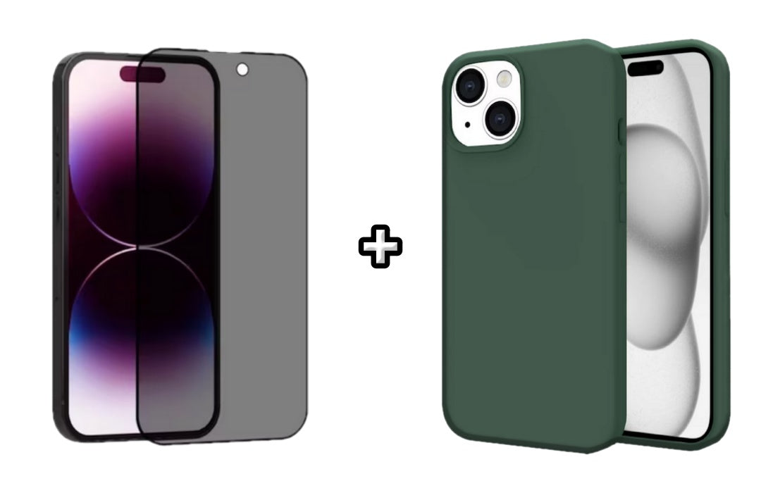 Set Husa Silicon + Folie din sticla Privacy compatibila cu Apple iPhone 15 Plus, verde inchis, protectie 360