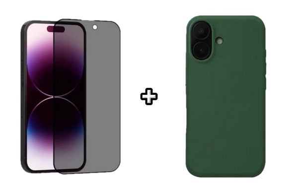 Set Husa Silicon plus Folie din sticla Privacy compatibila cu Apple iPhone 16, verde inchis, protectie 360