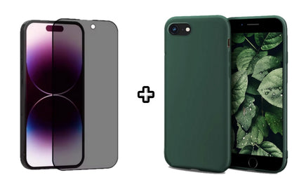 Set Husa Silicon + Folie din sticla Privacy compatibila cu Apple iPhone 7, verde inchis, protectie 360
