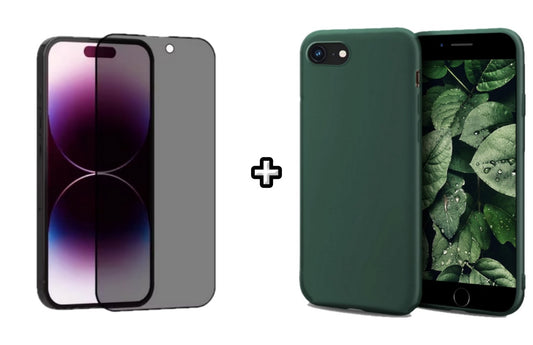 Set Husa Silicon + Folie din sticla Privacy compatibila cu Apple iPhone 7, verde inchis, protectie 360
