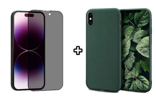Set Husa Silicon + Folie din sticla Privacy compatibila cu Apple iPhone XS Max, verde inchis, protectie 360