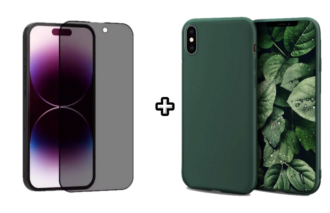 Set Husa Silicon + Folie din sticla Privacy compatibila cu Apple iPhone XR, verde inchis, protectie 360