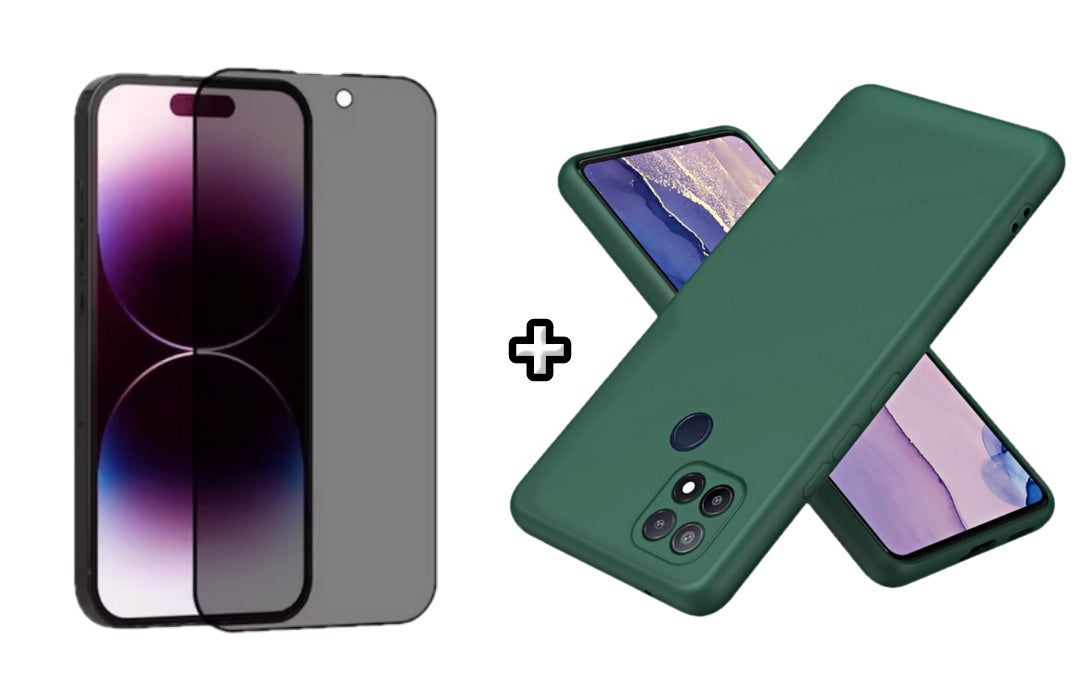 Set Husa Silicon plus Folie din sticla Privacy compatibila cu OPPO A15, verde inchis, protectie 360