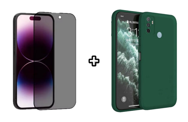 Set Husa Silicon plus Folie din sticla Privacy compatibila cu OPPO A33 4G, verde inchis, protectie 360