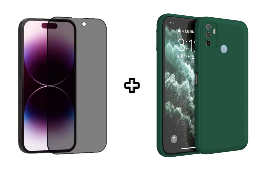 Set Husa Silicon plus Folie din sticla Privacy compatibila cu OPPO A53, verde inchis, protectie 360