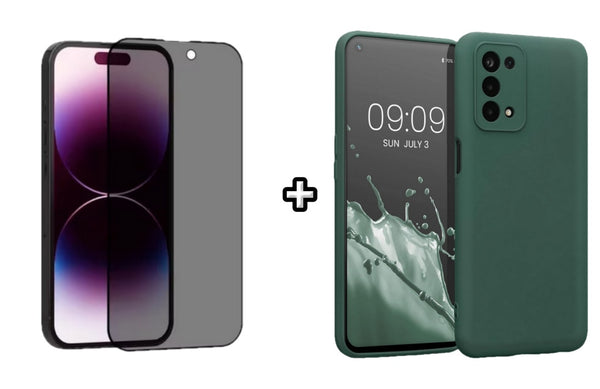 Set Husa Silicon plus Folie din sticla Privacy compatibila cu OPPO A52, verde inchis, protectie 360