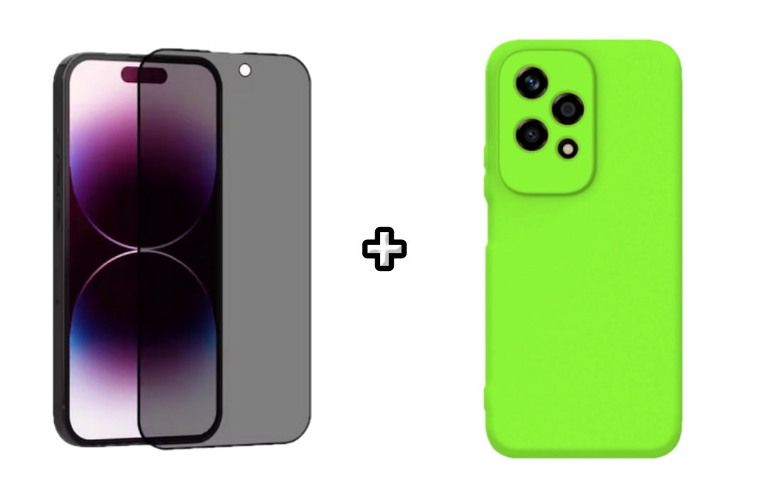 Set Husa Silicon plus Folie din sticla Privacy compatibila cu Honor 200 Lite, verde neon, protectie 360