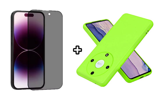 Set Husa Silicon plus Folie din sticla Privacy compatibila cu Honor Magic6 Lite, verde neon, protectie 360
