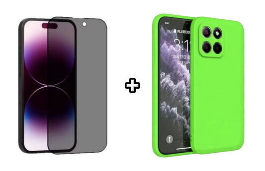 Set Husa Silicon plus Folie din sticla Privacy compatibila cu Honor X6a, verde neon, protectie 360