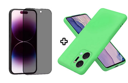 Set Husa Silicon plus Folie din sticla Privacy compatibila cu Honor X7b, verde neon, protectie 360