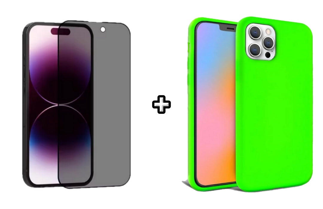Set Husa Silicon + Folie din sticla Privacy compatibila cu Apple iPhone 11 Pro, verde neon, protectie 360
