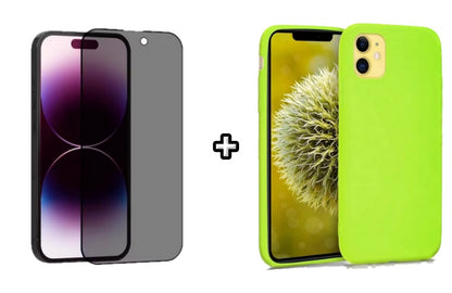Set Husa Silicon + Folie din sticla Privacy compatibila cu Apple iPhone 11, verde neon, protectie 360