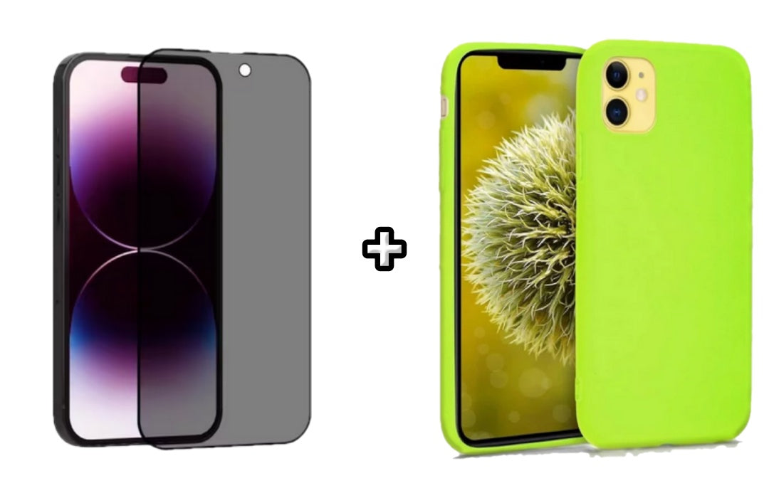 Set Husa Silicon + Folie din sticla Privacy compatibila cu Apple iPhone 12, verde neon, protectie 360