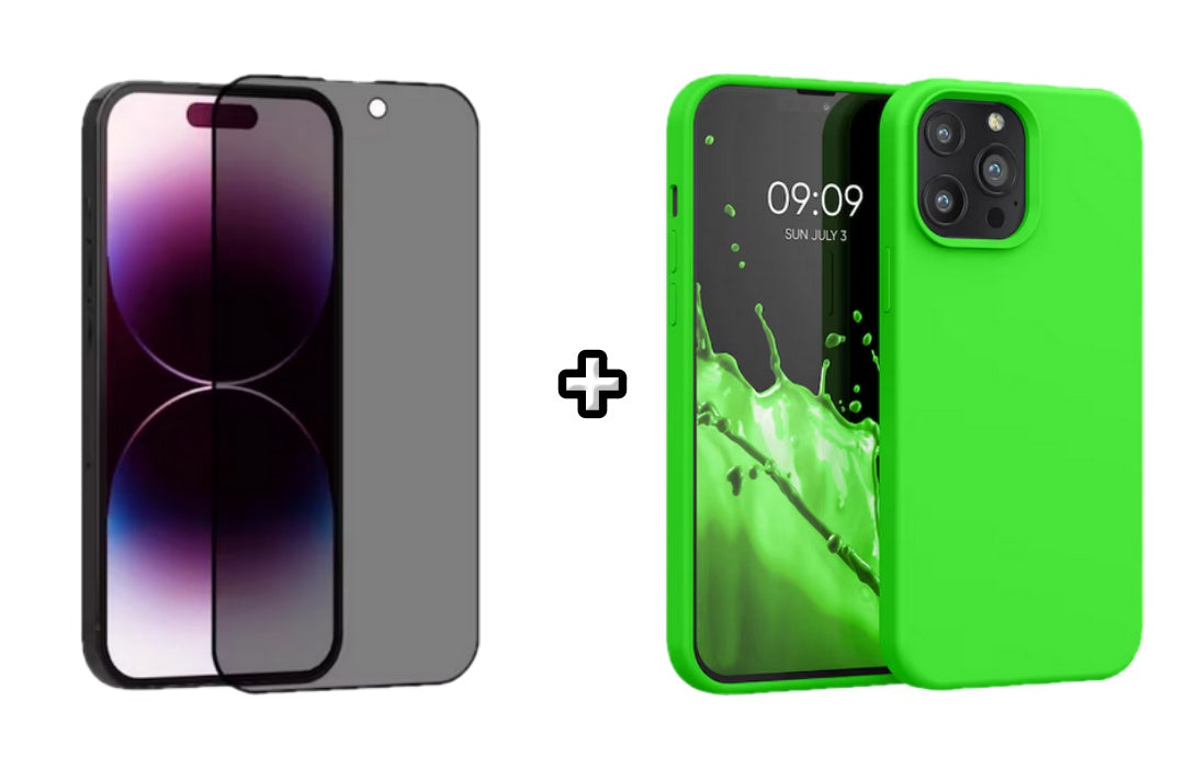 Set Husa Silicon + Folie din sticla Privacy compatibila cu Apple iPhone 15 Pro Max, verde neon, protectie 360
