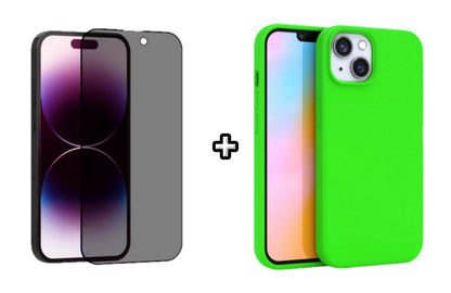 Set Husa Silicon + Folie din sticla Privacy compatibila cu Apple iPhone 15 Plus, verde neon, protectie 360