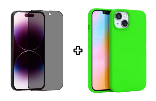 Set Husa Silicon + Folie din sticla Privacy compatibila cu Apple iPhone 15, verde neon, protectie 360