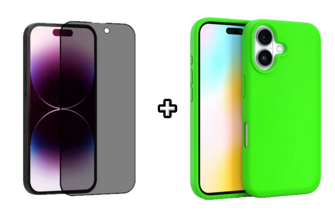 Set Husa Silicon plus Folie din sticla Privacy compatibila cu Apple iPhone 16 Plus, verde neon, protectie 360