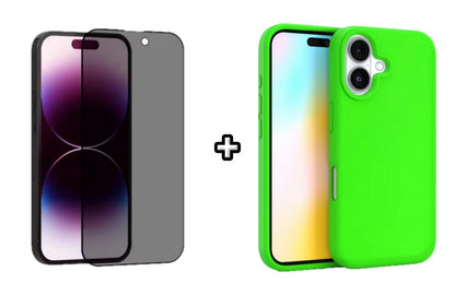 Set Husa Silicon plus Folie din sticla Privacy compatibila cu Apple iPhone 16 Plus, verde neon, protectie 360