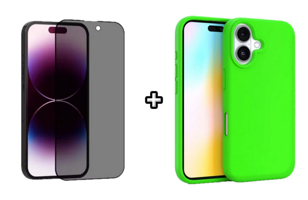 Set Husa Silicon plus Folie din sticla Privacy compatibila cu Apple iPhone 16 Plus, verde neon, protectie 360