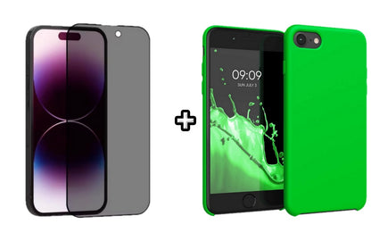 Set Husa Silicon + Folie din sticla Privacy compatibila cu Apple iPhone 7, verde neon, protectie 360