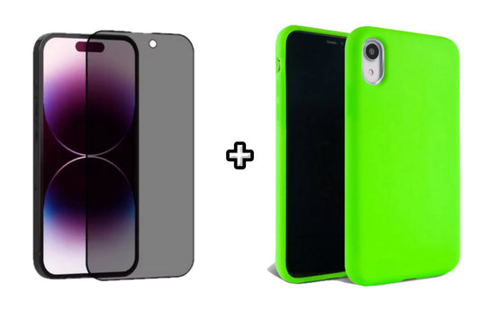 Set Husa Silicon + Folie din sticla Privacy compatibila cu Apple iPhone X, verde neon, protectie 360