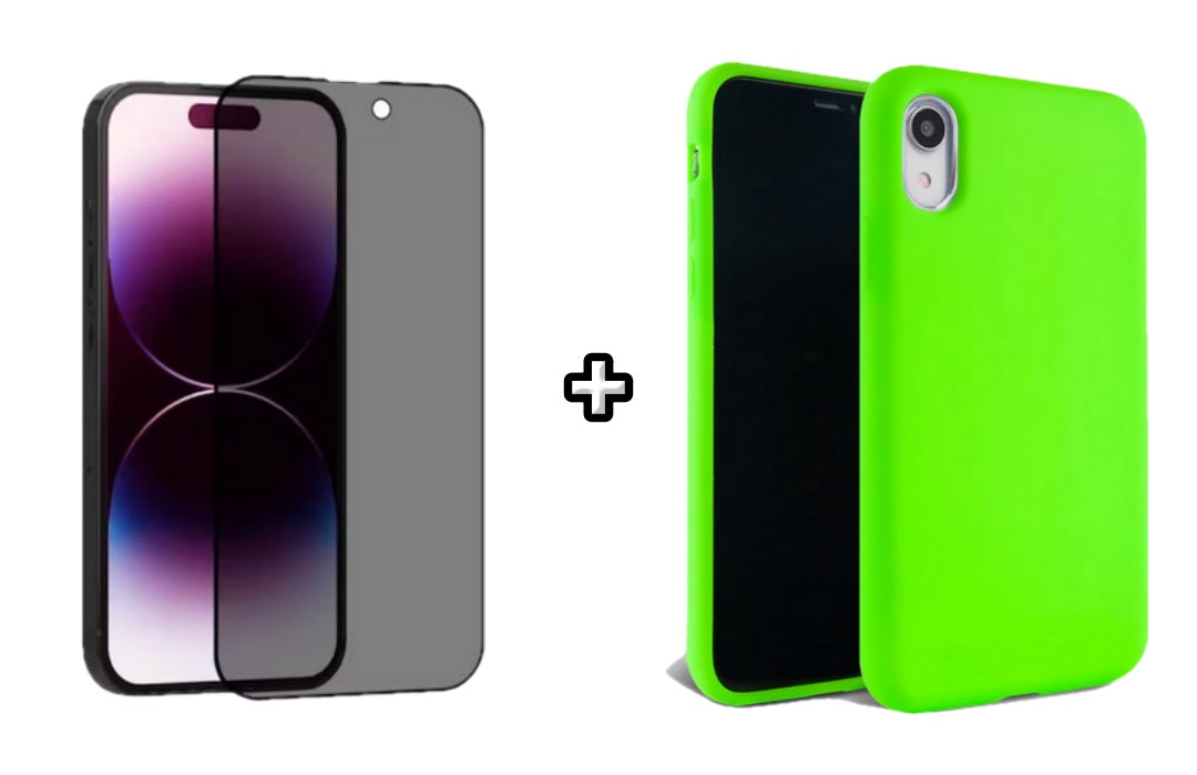 Set Husa Silicon + Folie din sticla Privacy compatibila cu Apple iPhone XR, verde neon, protectie 360