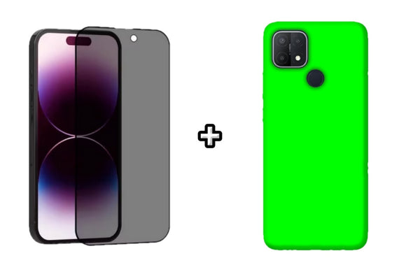 Set Husa Silicon plus Folie din sticla Privacy compatibila cu OPPO A15, verde neon, protectie 360