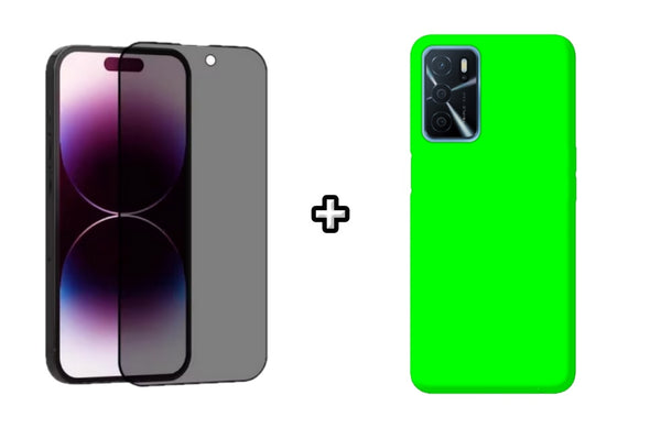 Set Husa Silicon plus Folie din sticla Privacy compatibila cu OPPO A16, verde neon, protectie 360