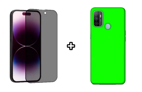 Set Husa Silicon plus Folie din sticla Privacy compatibila cu OPPO A33 4G, verde neon, protectie 360