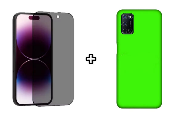 Set Husa Silicon plus Folie din sticla Privacy compatibila cu OPPO A52, verde neon, protectie 360